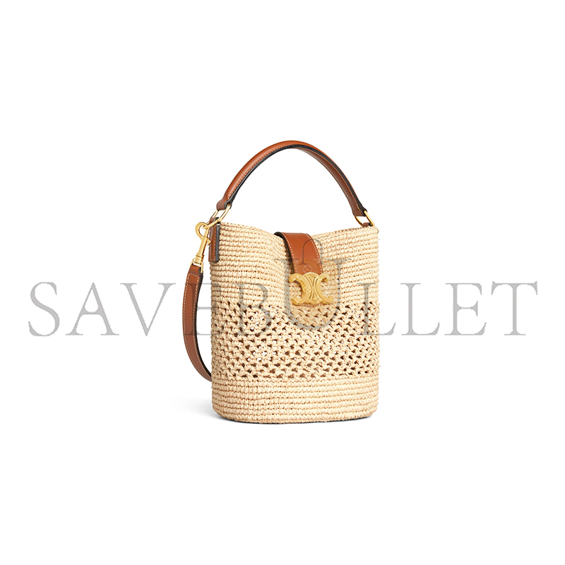 CELINE SMALL LOUISE BUCKET IN RAFFIA AND CALFSKIN 119742GNS.02NT (19*16*12cm)